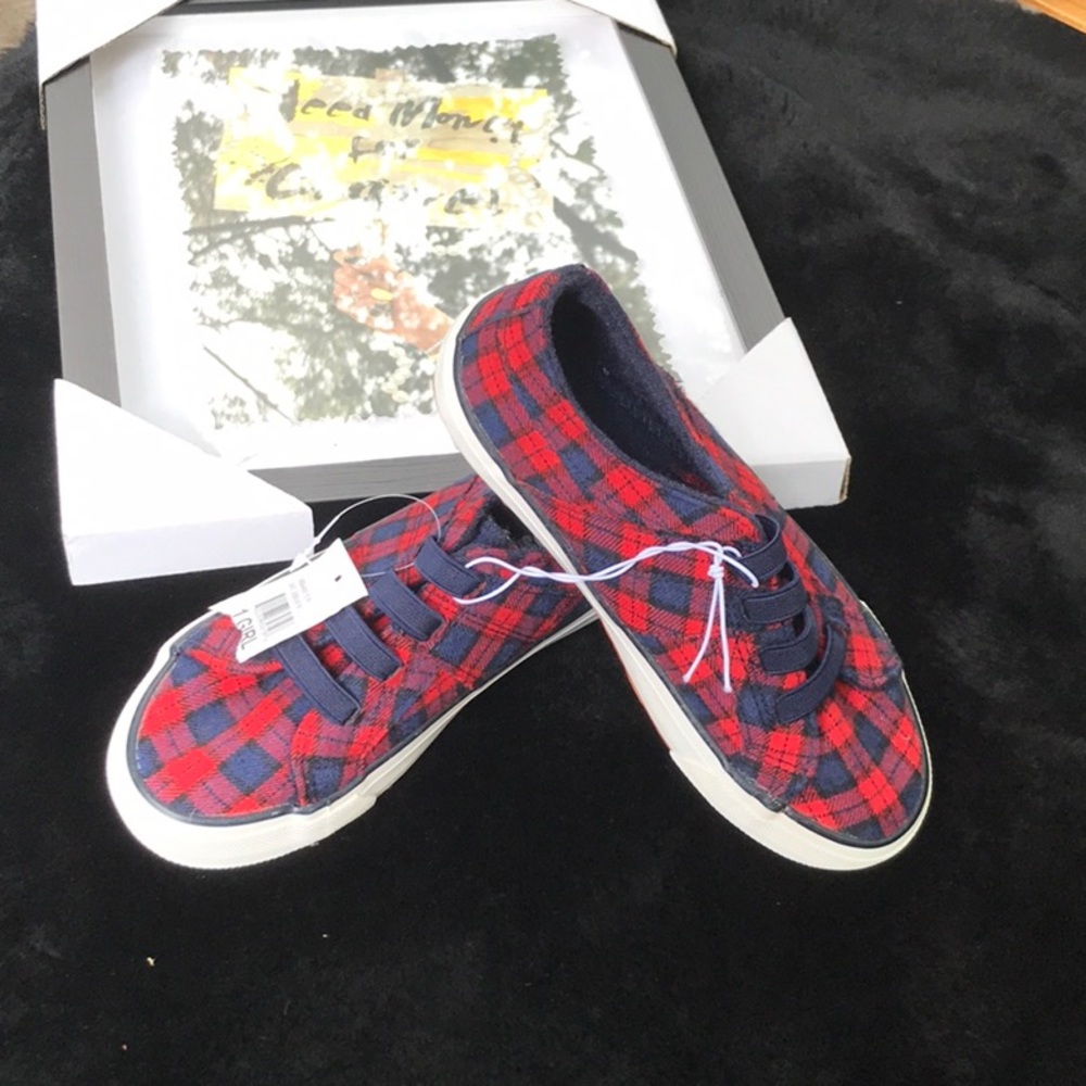 NWT Girls US Sports Red Blue Plaid Sneakers Tennis Shoes No Tie Elastic Laces 1